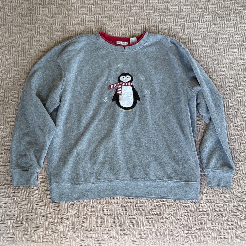 Grey Cute Penguin Embroidered Crewneck Sweater